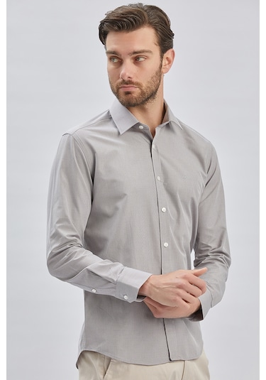 Gri Uzun Kollu Bez Ayağı Sert Yaka Cepsiz Klasik Slim Fit Dar Kesim Gömlek 1004240230-gri Gri
