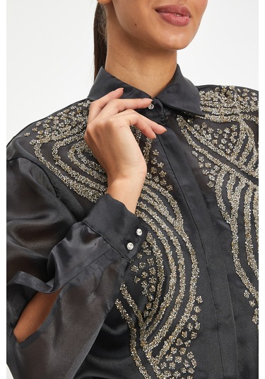 Kadın Şifon Gömlek - Zarif Boncuk İşlemeli Siyah