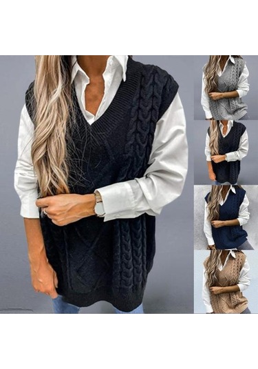 Saf Renk Kolsuz Kazak Yelek Sıcak Trendy Büküm Örme Kadın Yelek Günlük Giyim İçin Mavi