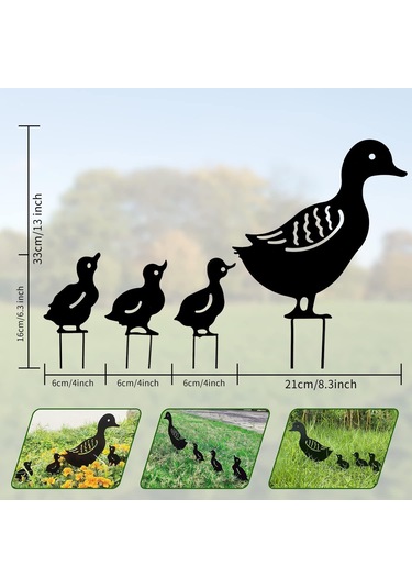 4'lü Sette Ördek Ailesi Bahçe Dekorasyonu Dış Mekan Bahçe Dekoru Metal Figürler Siluet Süsler