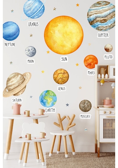 MSticker Eğitici Gezegen Seti - Gezegenler Sticker Seti - Çocuk Bebek Odası Sticker Mavi