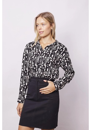 Kadın Likrasız Viskon Vual Desenli Yakalı Düşük Omuzlu Uzun Kol Şık Gömlek-Geometri Geometri