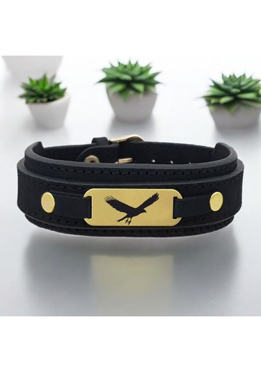 Archin Uçan Kartal Temalı Doğal Siyah Derili Oval Motifli 14 Ayar Altın Plakalı Hediye Bileklik-438sembol Uçan Kartal