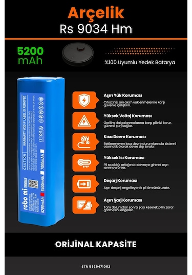 Arçelik Uyumlu RS 9034 5200mAh Robot Süpürge Bataryası
