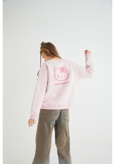Hello Kitty Lisanslı Baskılı Kalın Pembe Sweatshirt Renkli