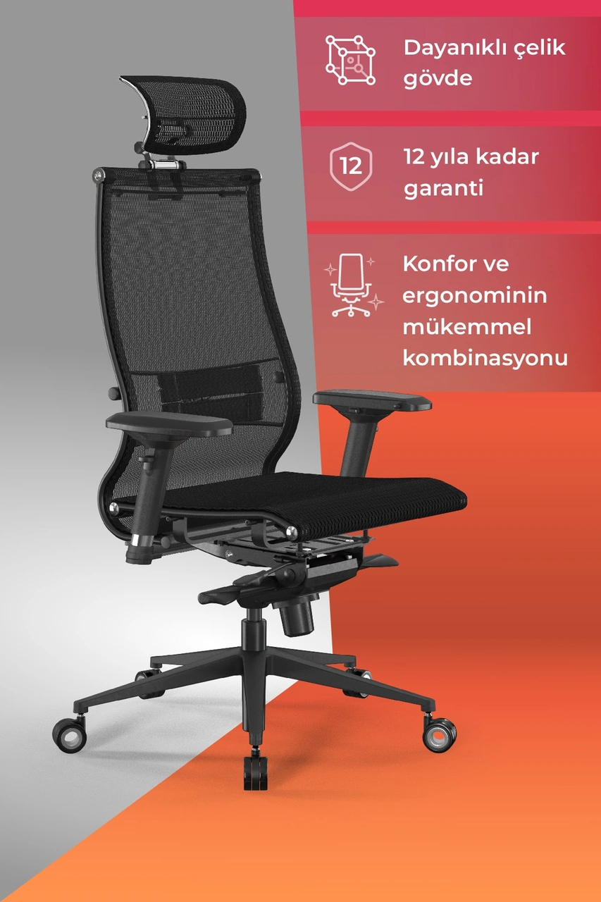 Samurai Ergonomik Koltuk Bel Destekli, Tekerlekli, Krom Ayaklı, Boyun Destekli Ofis Koltuğu - 30.3.15.2 Çok Renkli