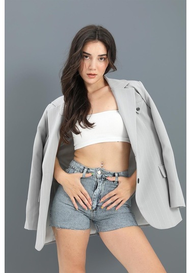 Blazer Ceket Çizgili Atlas Kumaş - Gri-gri Gri
