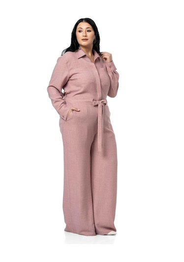 Büyük Beden Beli Tünelli Ve Arkadan Lastikli Geniş Paça Pembe Tulum Pembe