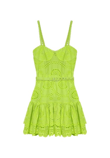 Askılı Dantel Güpür Kabartmalı Fırfırlı Sırtı Esnek Lastikli Mini Neon Fosfor Renk Yazlık Elbise Yeşil