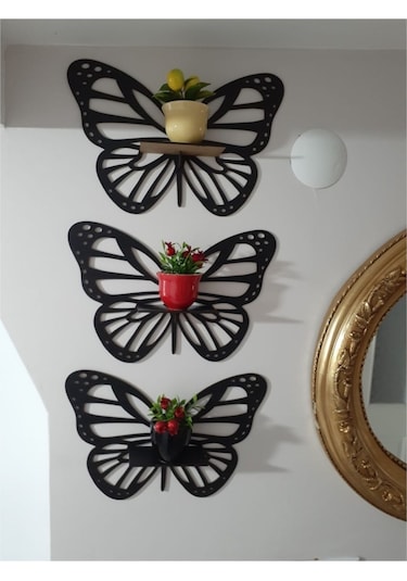 Dekoratif Siyah Kelebek Duvar Rafı 3'lü Set