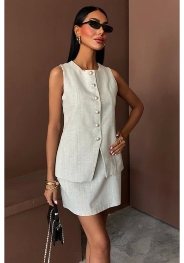 Uzun Yelek Mini Etek Flamlı Keten Takım 10148 Açik Gri