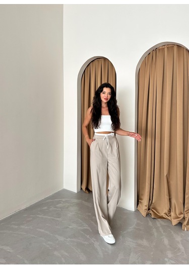 Taş Bel Bantı Detaylı Yan Fermuarlı Pantolon Taş