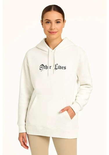 Kadın Oversize Üç İplik Şardonlu Kapüşonlu Sweatshirt Beyaz Other Lives Ön Ve Arka Baskılı, Kang Beyaz