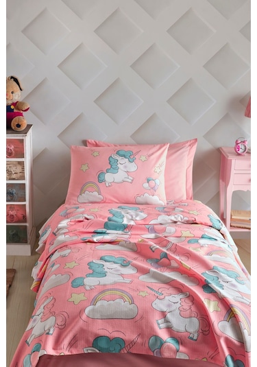 Enlora Home Baskılı Pike Takımı Tek Kişilik Unicornio Pembe
