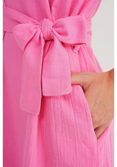 4720 Kadın Pile Detaylı Bağlamalı V Yaka Müslin Elbise Pembe Pembe