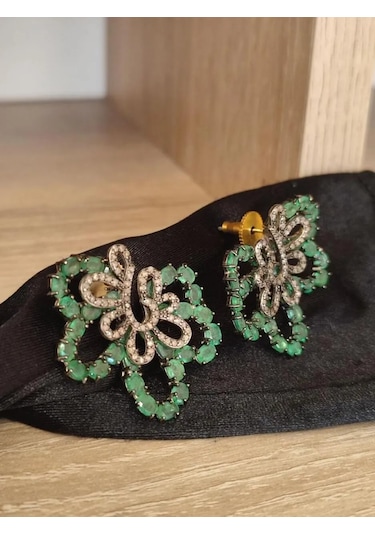 925 Ayar Gümüş Zümrüt Elmas Küpe 279 Gümüş