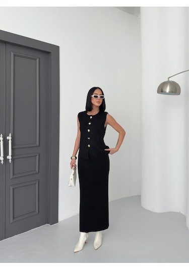 Kadın Düğme Detaylı Yelek Uzun Etek Alt Üst Triko Takım Siyah