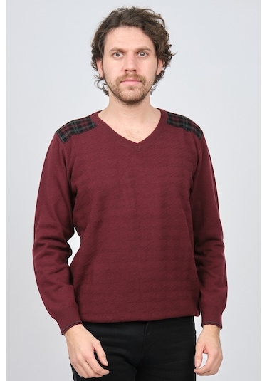 Desen Triko Erkek V Yaka Saf Yün Kazak 0246538 Bordo Bordo