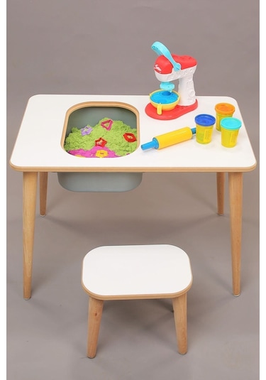 Çocuk Oyun Etkinlik Çalışma Masası Sepetli Ahşap Mdf Masa Takımı Beyaz-gri Beyaz - Gri