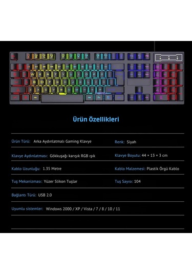 Shopytech Rgb Aydınlatmalı 104 Tuş Gaming Klavye Usb 2.0 Mekanik Tuş Hissi Fn Kısayolları