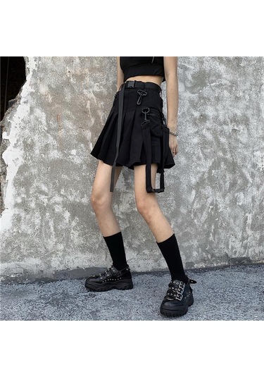 Yüksek Bel Kadın Mini Etek Punk Tarzı Cep Kadın Eteği Yaz Streetweed Kadın Pilili Etek Siyah