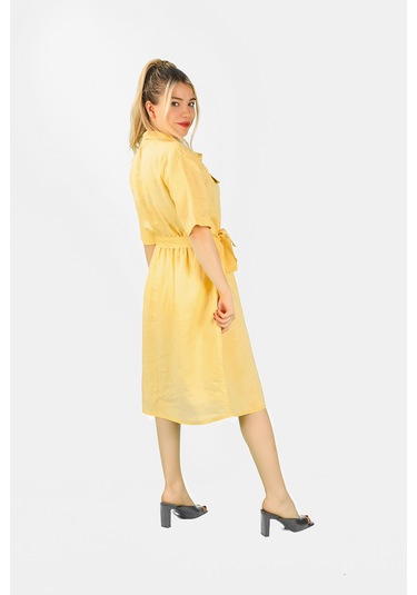 Önden Düğmeli Keten Elbise Sarı