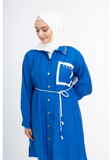 Pureva Yaka Taş Detaylı Tunik - Mavi