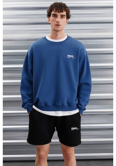 Ernest Erkek Yumuşacık Kumaşlı Oversize Fit Yuvarlak Yakalı Baskılı Mavi Sweatshirt