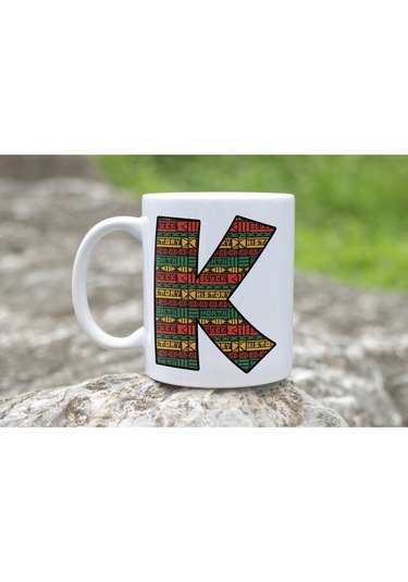 K Harfi Etnik Desenli Kupa - Afrika Tarzı Kahve Çay Kupası - Hediyelik - Black History Beyaz