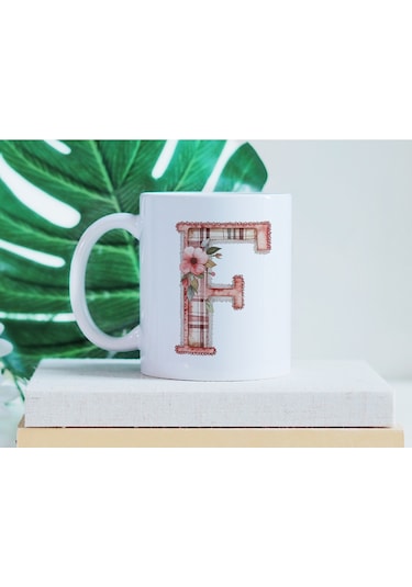 F Harfli Retro Çiçekli Kupa Bardak - Patchwork Tarz Yamalı Desenli İsme Özel Kupa - Hediye Beyaz