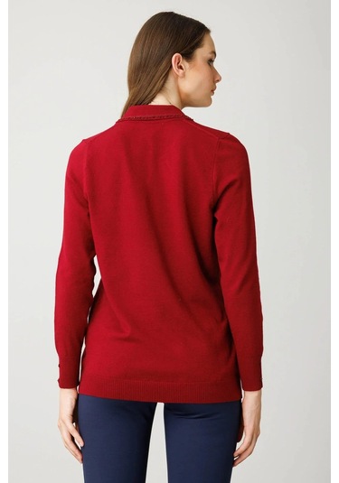 Desen Triko Kadın Polo Yaka Nakış İşlemeli Ligralı Bluz 25092 Vişne Vişne