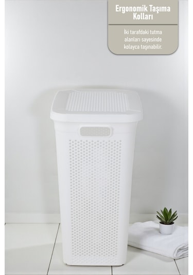 İronika Slim Kapaklı Dekoratif Kirli Çamaşır Sepeti 45 Litre - Beyaz Beyaz