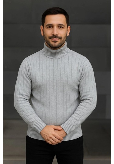 Erkek Fitilli Triko Kazak 2'li Set Gri Siyah Regular Balıkcı Yaka Tam Boğazlı Triko Seti Modeli Kaza Gri Siyah