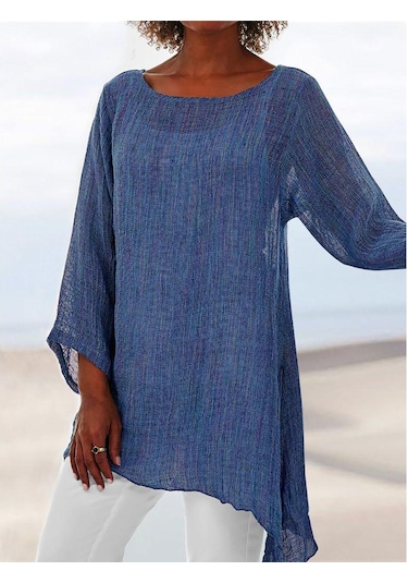 Mavi Kadın Pamuklu Ve Keten Düz Renk Günlük Gömlek Düzensiz Uzun Kollu Tişört Mavi