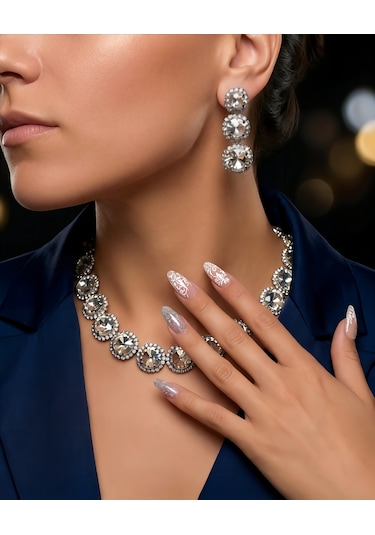 Riviere Kristal Taşlı Çiçek Model Şeffaf Renkli Kolye Küpe Set