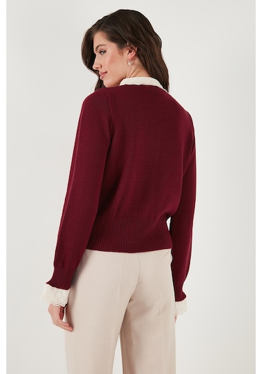 Lela Premium Dantelli Bağlamalı Yaka Regular Fit Düğmeli Triko Bayan Hırka 680Hi00251 Bordo