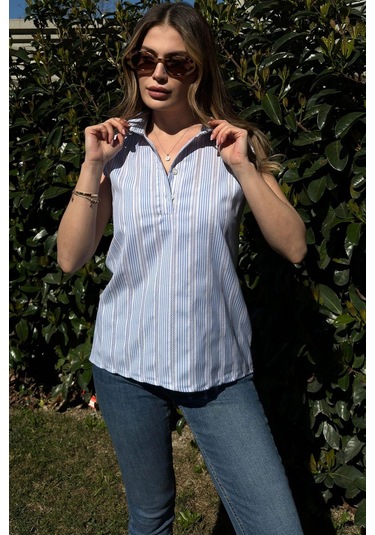 Kadın Mavi Çizgili, Dokulu Yazlık Kumaş, Yarım Patlı, Sıfır Kollu Bluz Mavi