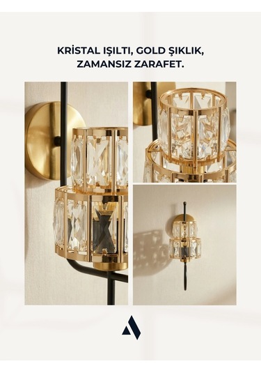 Crysten Kristal Duvar Apliği Gold & Gümüş Dekoratif Metal Duvar Lambası Alldesco Gold