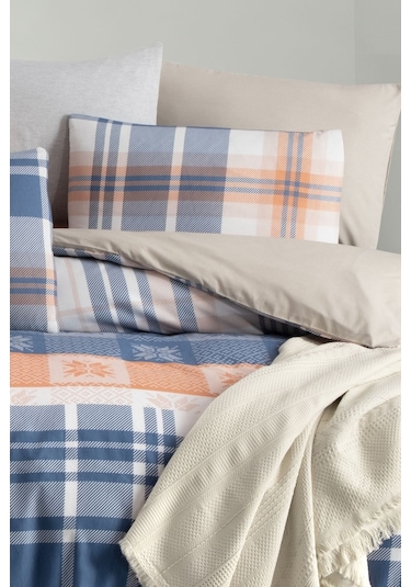 Lastikli Çarşaflı Çift Kişilik Nevresim Takımı Plaid Lacivert