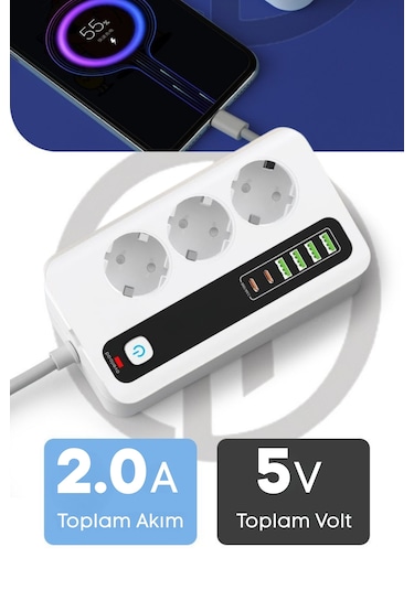 Pro P10 3x Priz 3000w Akım Korumalı 4x Usb 2x Type-c Girişli Çoklu Priz 0.2 M