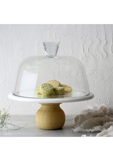 Akayev Mermer 25 CM Ahşap Ayaklı Beyaz Cam Fanus