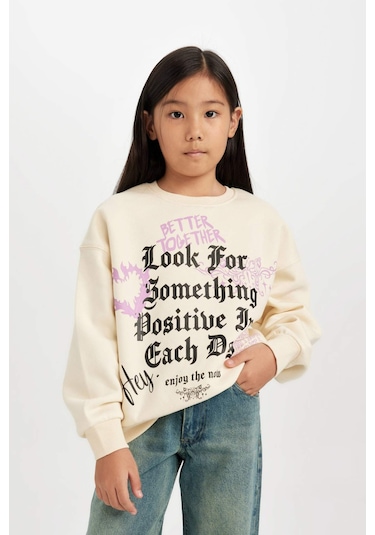DeFacto Kız Çocuk Relax Fit Bisiklet Yaka Baskılı Sweatshirt D4387A824WNER99 Ekru