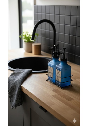 Morponi Metal Stantlı 2'li Soft Cam Sabunluk Ve Deterjanlık 300 Ml Mavi Mavi