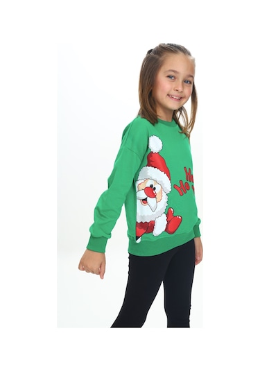 Toontoy Kız Çocuk Kardan Adam Ho Ho Ho Baskılı Sweatshirt Çimen Yeşili