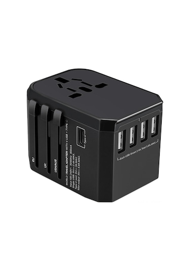 Symbee Siyah Evrensel Seyahat Şarj Cihazı, 4 Usb + Type-c Hızlı Şarj, 200+ Ülke Uyumlu, 6 Cihazı Eşzamanlı Şarj Edebilir, 8a Sigorta İle Güvenli