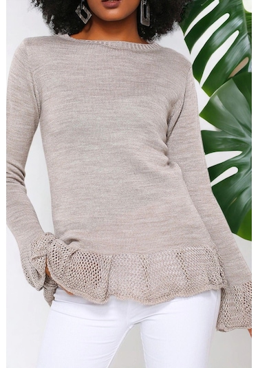 Vizon Yuvarlak Yaka, Fırfır Kol Ve Etek Ucu Detaylı, Triko Bluz Vizon