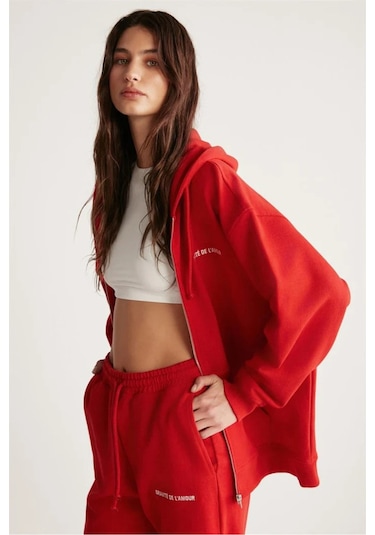 Ametıs Kadın Oversize Organik Pamuklu Metal Fermuarlı Kapüşonlu Kırmızı Sweatshirt