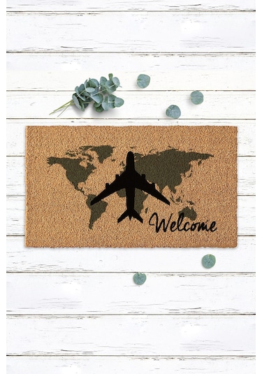 Uçak Ve Dünya Haritası Tasarımlı Kapı Önü Paspası