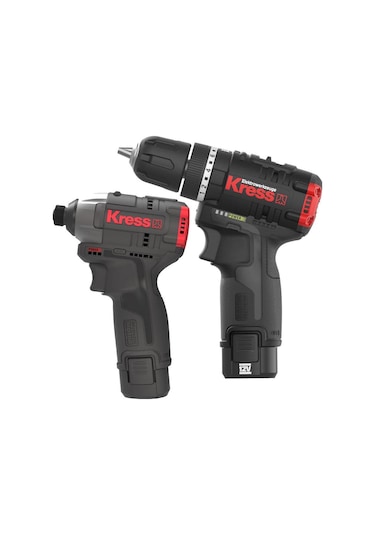 Kress KUG02 12 V 2.0 Ah. Li-ion Çift Akülü Kömürsüz Şarjlı Darbeli Matkap + Kömürsüz Darbeli Tornavida Kombo Set