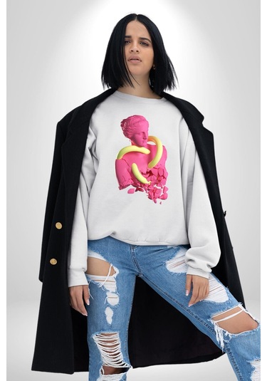 Pop Art Yaratıcı Heykel Pembe Unisex Beyaz Sweatshirt Beyaz